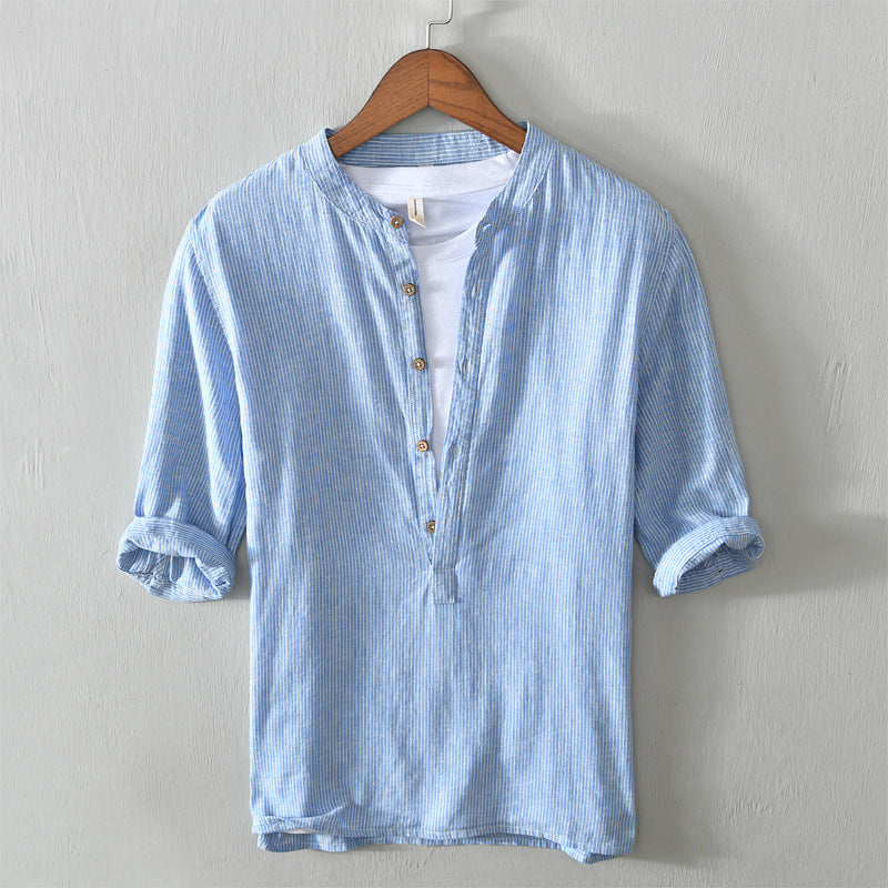 Mens Striped Linen Pullover Shirt