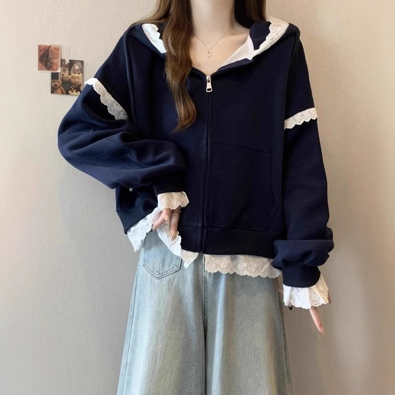 Women's Sweater With Lace Trim And Zipper