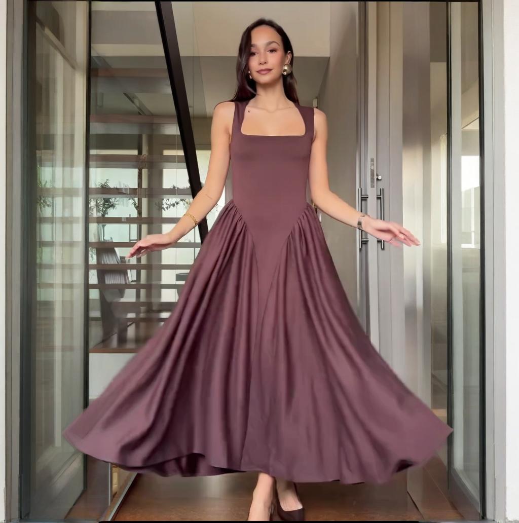 Women's Square Collar Sexy Sleeveless Pleated Temperament Slim Dress