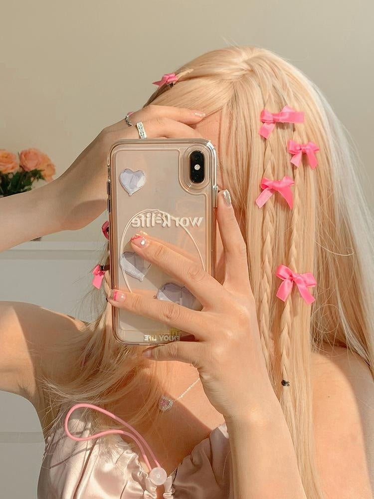 8 Pink Ribbon Bow Hair Clips On The Forehead