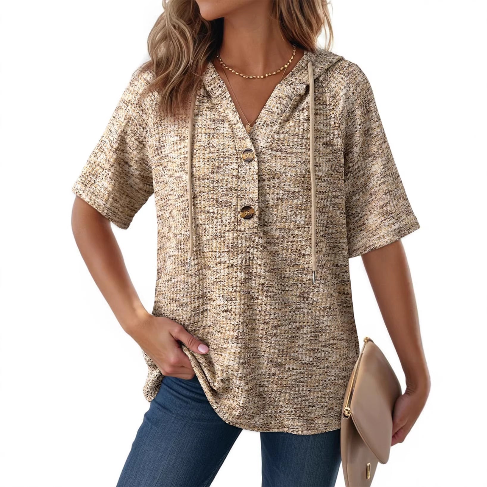 Womens Waffle-Weave Buttoned V-Neck Hoodie With Drawstring