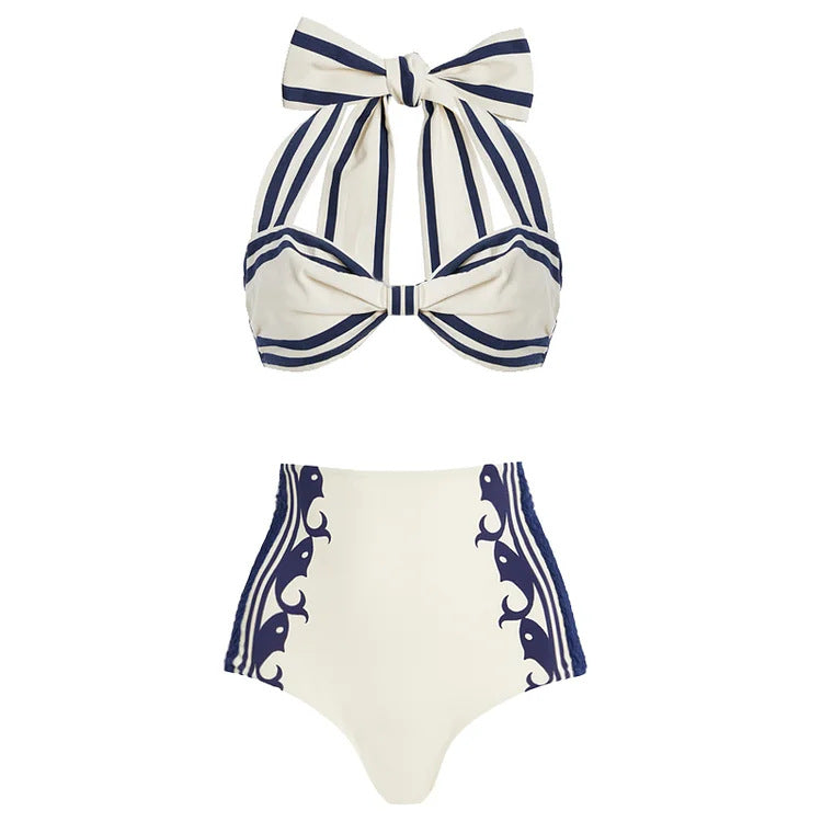 Navy Halter Neck High Waist Bikini Set