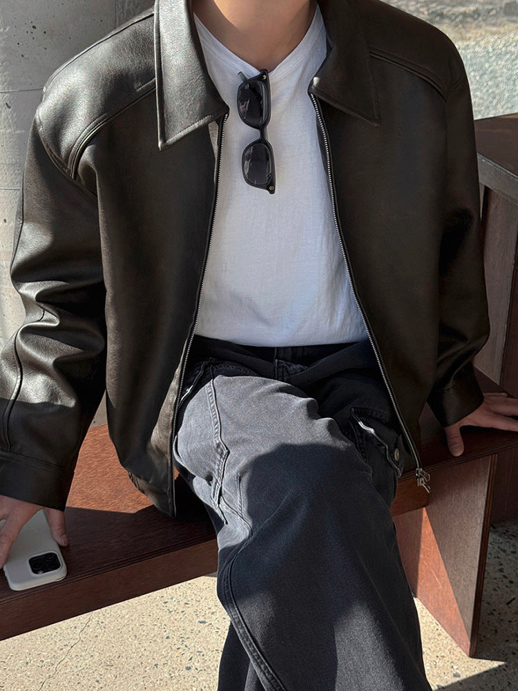 Retro PU Leather Jacket Men Casual Lapel Coat