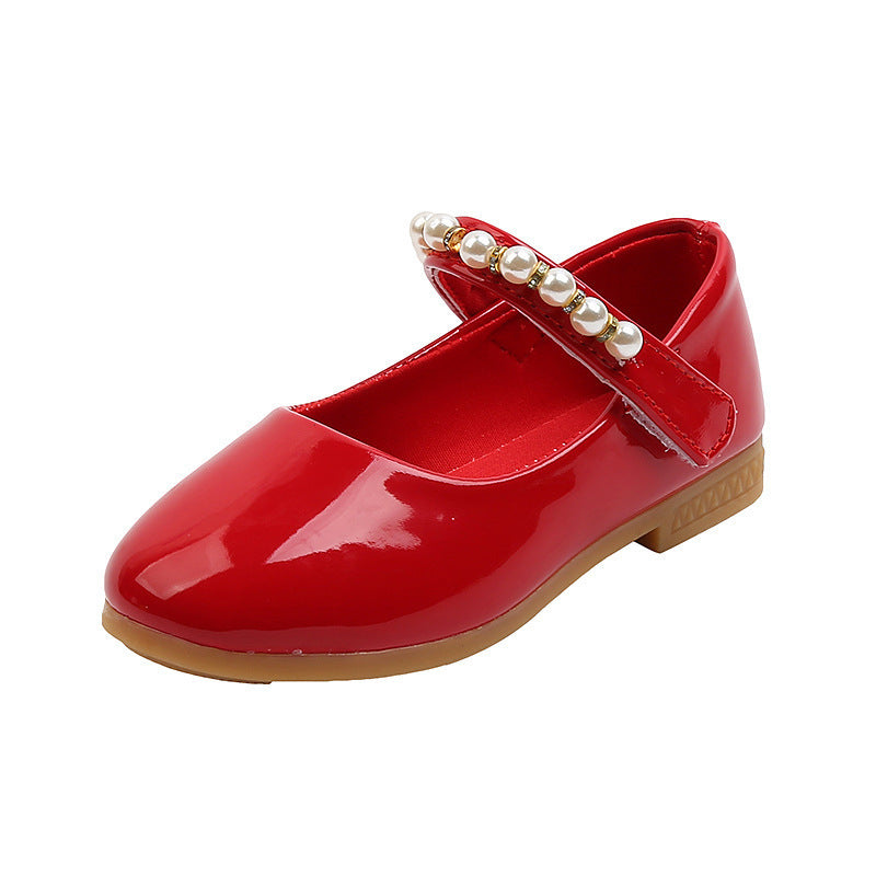 Girls' Leather Shoes Pearl Buckle Soft Bottom