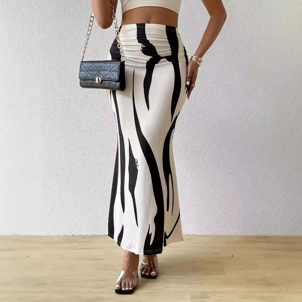 Zebra Print High Waist Fishtail Denim Skirt