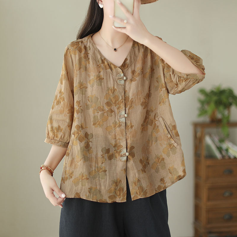 Women's Fashionable Simple Ramie Printed Shirt Top