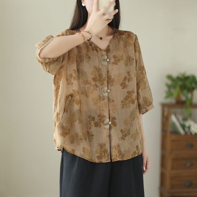 Women's Fashionable Simple Ramie Printed Shirt Top