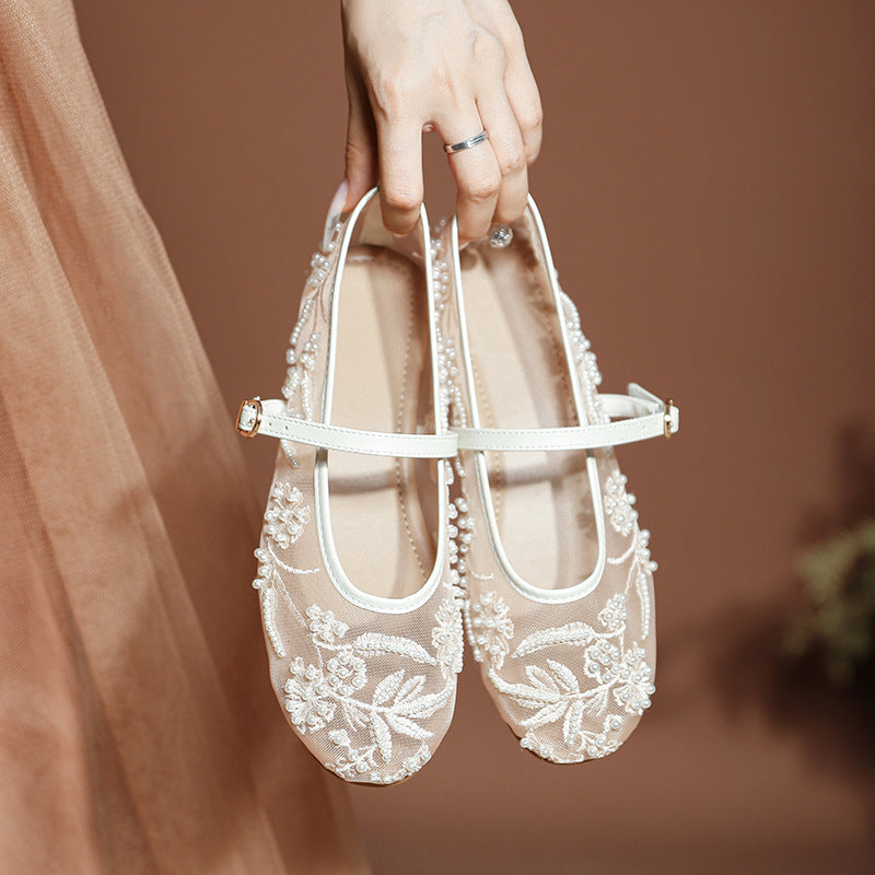 Embroidered Pearl Mesh Ballet Flat Shoes