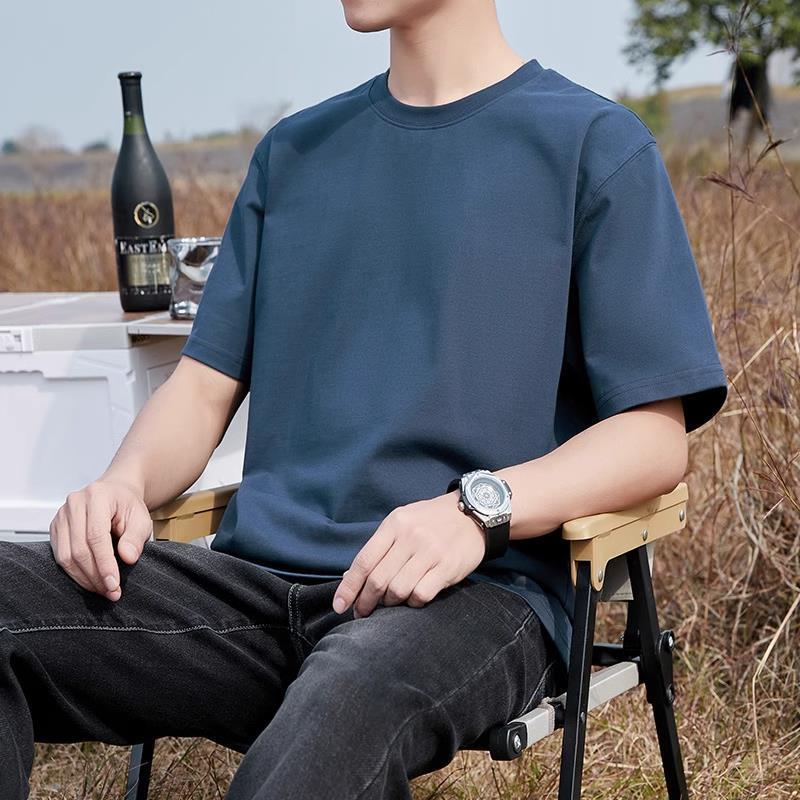 Pure Cotton Short-Sleeve T-Shirt for Men, Summer Loose Half-Sleeve Solid Color Everyday Retro Casual Base Shirt, Fashionable Style