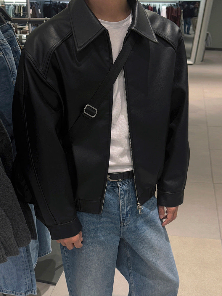 Retro PU Leather Jacket Men Casual Lapel Coat