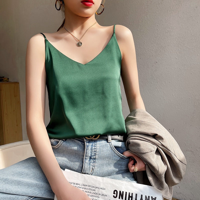 Womens V-neck Satin Camisole with Adjustable Straps