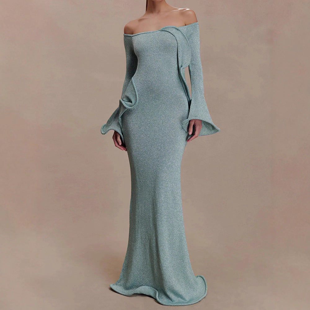 Off-Shoulder Fishtail Dress with Bell Sleeves