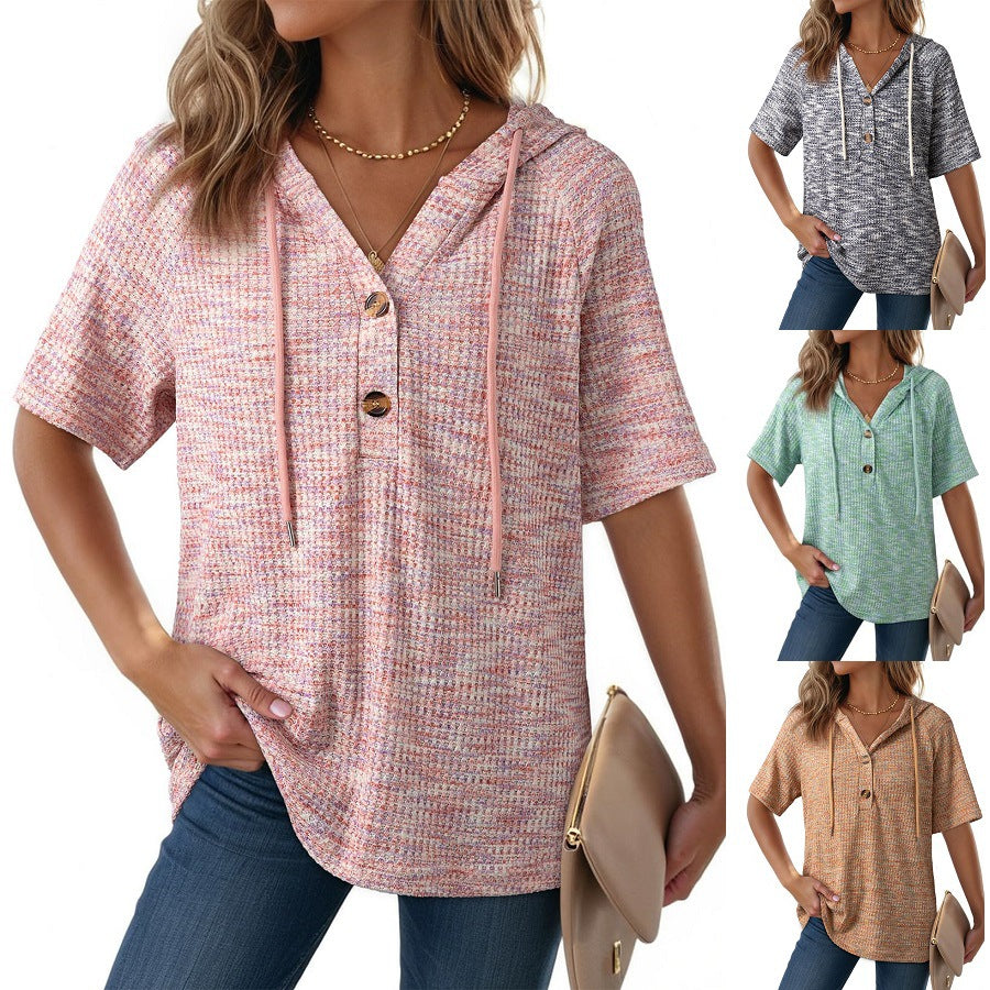 Womens Waffle-Weave Buttoned V-Neck Hoodie With Drawstring