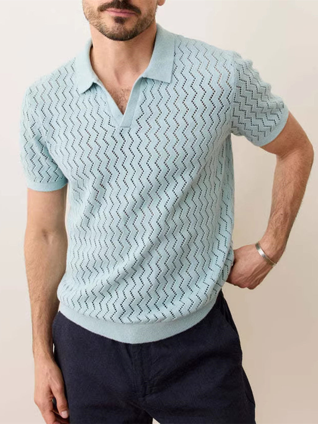 Mens Breathable Hollow Knit Polo Shirt