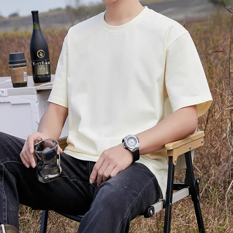 Pure Cotton Short-Sleeve T-Shirt for Men, Summer Loose Half-Sleeve Solid Color Everyday Retro Casual Base Shirt, Fashionable Style