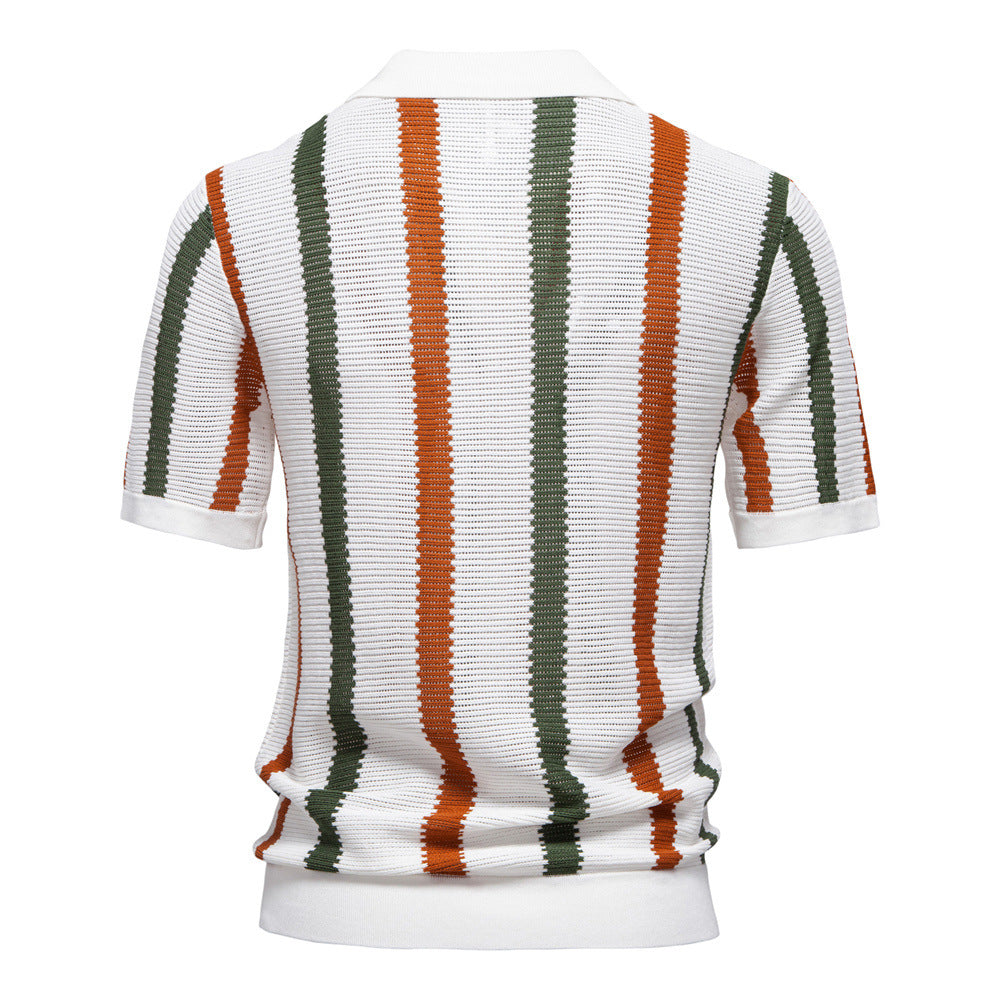 Breathable Striped Knitted Polo Shirt