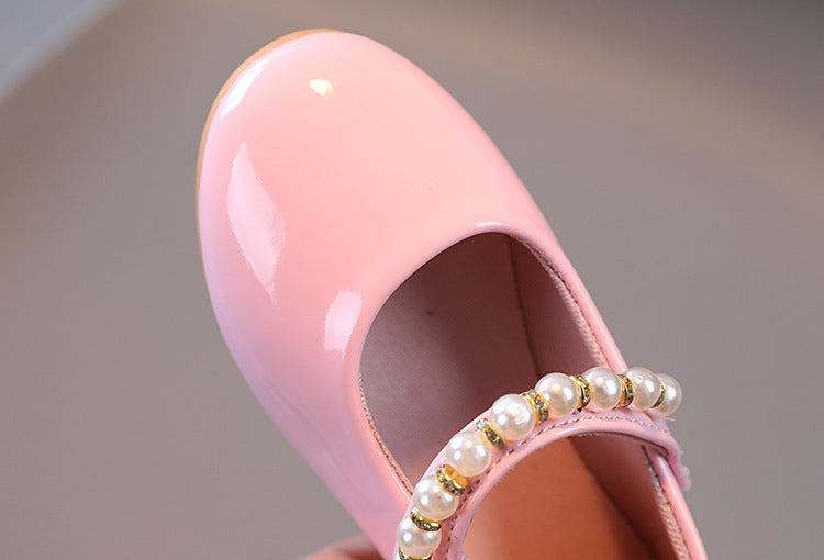 Girls' Leather Shoes Pearl Buckle Soft Bottom