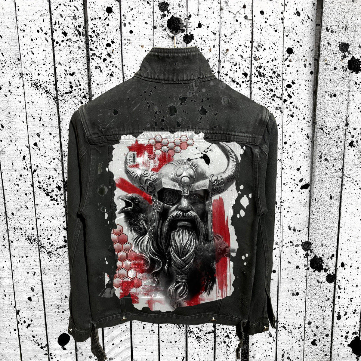 Retro Viking Print Denim Jacket for Men
