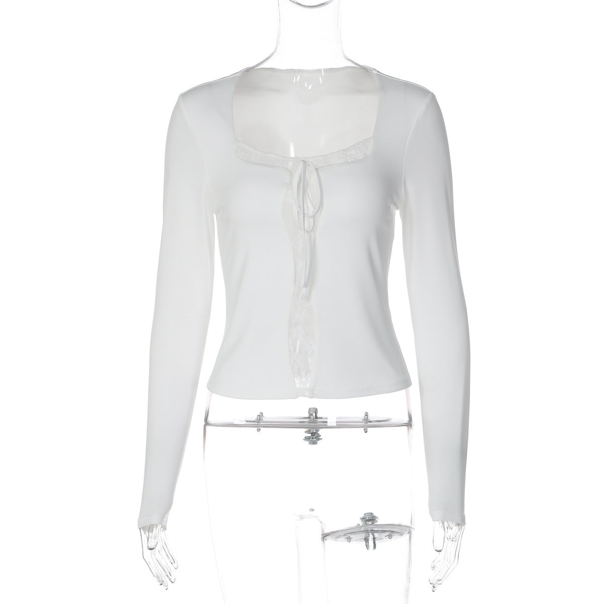 Lace Splicing Square Collar Slim Fit T-Shirt