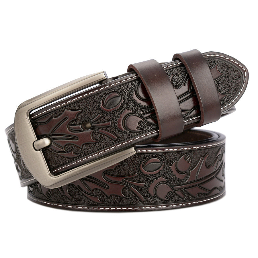 Carved Leather Belt for Men with Alloy Buckle