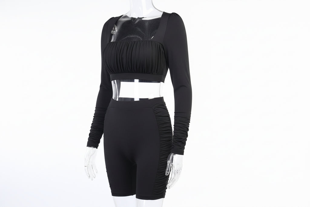 Solid Sports Yoga Set Women Gym Clothes Long Sleeve Pleated Crop Top Skinny Shorts Tracksuit Fashion Fitness Workout New Suit
