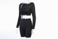 Solid Sports Yoga Set Women Gym Clothes Long Sleeve Pleated Crop Top Skinny Shorts Tracksuit Fashion Fitness Workout New Suit
